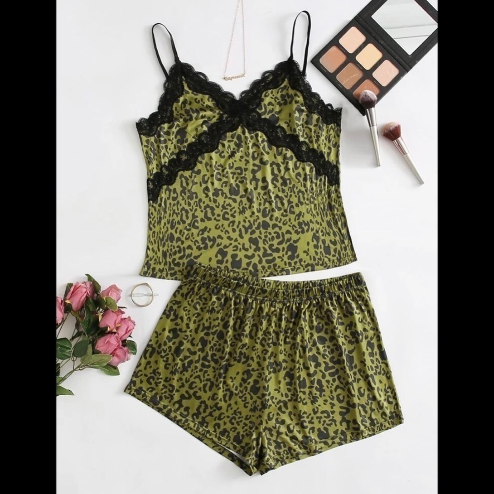 Leopard lace panel cami pajama set 1XL